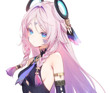 1girl armlet bare_shoulders blue_eyes braid breasts colored_eyelashes facial_mark forehead_mark jewelry long_hair looking_at_viewer medium_breasts pink_hair sideboob simple_background sleeveless solo twin_braids upper_body very_long_hair white_background adelie_cat genshin_impact citlali__genshin_impact