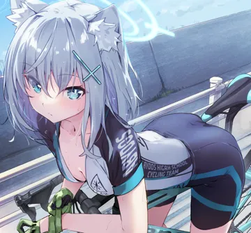1girl adjusting_clothes adjusting_gloves animal_ear_fluff animal_ears bicycle bike_jersey bike_shorts blue_archive blue_eyes breasts cleavage closed_mouth clothes_writing cloud collarbone cross_hair_ornament cycling_uniform day eva_mashiro gloves green_gloves grey_hair guard_rail hair_between_eyes hair_ornament halo leaning_forward looking_at_viewer medium_hair mismatched_pupils official_alternate_costume outdoors shiroko__blue_archive shiroko__cycling__blue_archive small_breasts solo sparkle sweat typo wolf_ears
