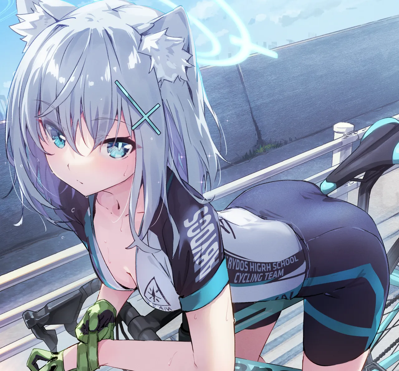 1girl adjusting_clothes adjusting_gloves animal_ear_fluff animal_ears bicycle bike_jersey bike_shorts blue_archive blue_eyes breasts cleavage closed_mouth clothes_writing cloud collarbone cross_hair_ornament cycling_uniform day eva_mashiro gloves green_gloves grey_hair guard_rail hair_between_eyes hair_ornament halo leaning_forward looking_at_viewer medium_hair mismatched_pupils official_alternate_costume outdoors shiroko__blue_archive shiroko__cycling__blue_archive small_breasts solo sparkle sweat typo wolf_ears
