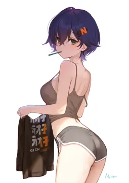 1girl artist_name ass blue_hair breasts brown_eyes cowboy_shot crop_top dolphin_shorts from_side hair_ornament holding holding_shirt holding_unworn_clothes looking_at_viewer medium_breasts shirt short_hair shorts simple_background solo toothbrush toothbrush_in_mouth unworn_shirt white_background adelie_cat zenless_zone_zero belle__zenless_zone_zero
