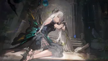 1girl black_dress black_sandals blurry blurry_foreground brown_eyes bug butterfly butterfly_wings closed_mouth dress hair_between_eyes high_heels indoors insect_wings kneeling layered_dress long_hair ruins sandals solo white_hair wings mada__shizhou punishing__gray_raven liv__empyrea__dreamcatcher__pgr liv__empyrea__pgr liv__pgr