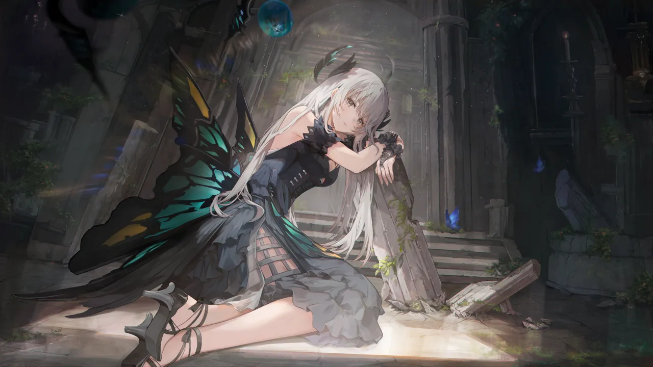 1girl black_dress black_sandals blurry blurry_foreground brown_eyes bug butterfly butterfly_wings closed_mouth dress hair_between_eyes high_heels indoors insect_wings kneeling layered_dress long_hair ruins sandals solo white_hair wings mada__shizhou punishing__gray_raven liv__empyrea__dreamcatcher__pgr liv__empyrea__pgr liv__pgr