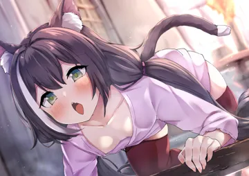 1girl all_fours animal_ear_fluff animal_ears black_hair blurry blurry_background blush breasts cat_ears cat_girl cat_tail cleavage green_eyes indoors jon__pixiv31559095 karyl__princess_connect long_hair long_sleeves low_twintails multicolored_hair open_mouth pajamas princess_connect red_thighhighs solo streaked_hair tail thighhighs twintails white_hair