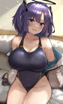 1girl alternate_breast_size alternate_costume black_one_piece_swimsuit blue_archive breasts competition_swimsuit couch cowboy_shot halo jacket kihou_no_gotoku_dmc large_breasts mechanical_halo multicolored_jacket one_piece_swimsuit open_clothes open_jacket parted_bangs purple_eyes purple_hair sidelocks sitting solo swimsuit two_side_up two_tone_jacket white_jacket yuuka__blue_archive