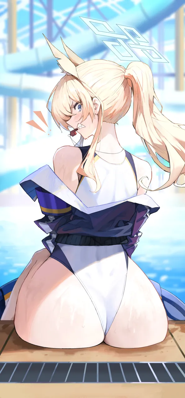 1_5iro 1girl animal_ears ass blonde_hair blue_archive blue_eyes blue_halo blue_jacket blurry blurry_background blush clenched_teeth competition_swimsuit day dog_ears extra_ears from_behind halo huge_ass jacket kanna__blue_archive kanna__swimsuit__blue_archive long_hair looking_at_viewer looking_back official_alternate_costume one_piece_swimsuit outdoors ponytail pool sitting solo swimsuit teeth waterpark wet whistle whistle_around_neck white_one_piece_swimsuit
