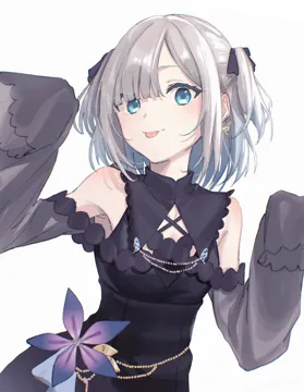 1girl aqua_eyes asymmetrical_bangs bare_shoulders black_dress bow breasts closed_mouth detached_sleeves dress earrings grey_hair hair_bow jewelry looking_at_viewer short_hair sidelocks sleeveless sleeveless_dress sleeves_past_fingers sleeves_past_wrists small_breasts solo tongue tongue_out upper_body virtual_youtuber zakki3939 lupinus_virtual_games vspo kaga_sumire kaga_sumire__3rd_costume