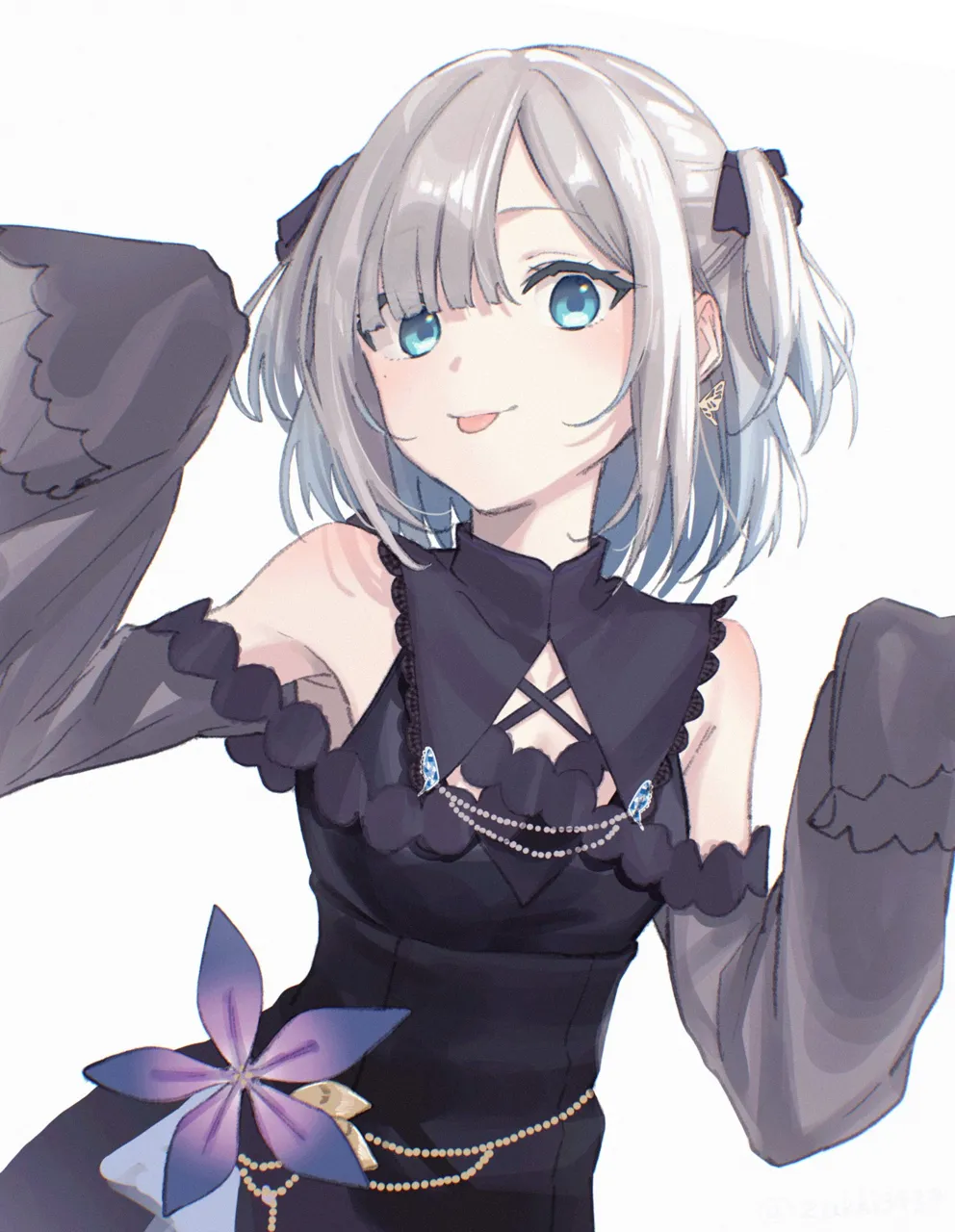 1girl aqua_eyes asymmetrical_bangs bare_shoulders black_dress bow breasts closed_mouth detached_sleeves dress earrings grey_hair hair_bow jewelry looking_at_viewer short_hair sidelocks sleeveless sleeveless_dress sleeves_past_fingers sleeves_past_wrists small_breasts solo tongue tongue_out upper_body virtual_youtuber zakki3939 lupinus_virtual_games vspo kaga_sumire kaga_sumire__3rd_costume