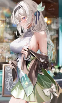 1girl armpit_crease artist_logo bare_shoulders black_hairband black_jacket blurry blurry_background blush breasts covered_nipples cowboy_shot detached_sleeves firefly__honkai__star_rail from_side green_skirt hair_ornament hairband honkai__series honkai__star_rail jacket kabu_usagi large_breasts logo long_hair off_shoulder open_clothes open_jacket purple_eyes shirt signature skirt sleeveless sleeveless_shirt solo steam twitter_username undressing wet wet_clothes wet_shirt white_shirt