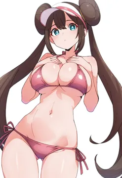 1girl bare_shoulders bikini blue_eyes breasts bright_pupils cleavage donut_hair_bun double_bun hair_between_eyes hair_bun halterneck kamidan large_breasts long_hair looking_at_viewer navel pink_bikini pokemon pokemon_bw2 rosa__pokemon side_tie_bikini_bottom simple_background solo string_bikini swimsuit twintails very_long_hair visor_cap white_background white_pupils