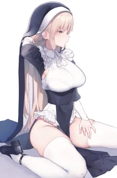 1girl adapted_costume armpit_peek armpits blonde_hair breasts brown_eyes capelet closed_mouth expressionless frilled_shirt frills grey_hair groin habit hand_in_own_hair hand_on_own_leg hand_up kawaraya_koh large_breasts long_hair long_sleeves nijisanji nun pelvic_curtain profile shirt shoes simple_background sister_claire sister_claire__1st_costume sitting solo straight_hair thighhighs thighs very_long_hair virtual_youtuber wariza white_background white_capelet white_shirt white_thighhighs