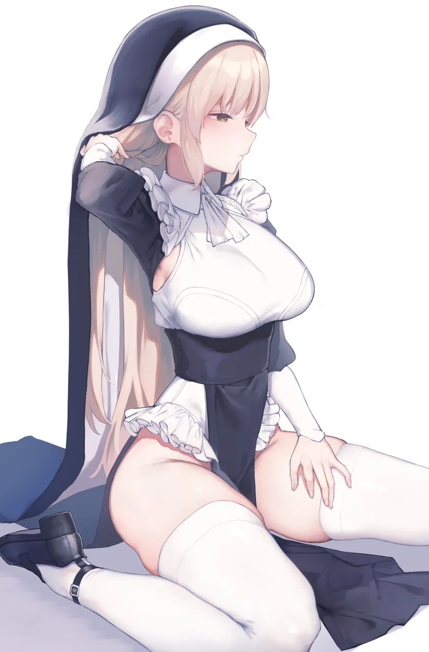 1girl adapted_costume armpit_peek armpits blonde_hair breasts brown_eyes capelet closed_mouth expressionless frilled_shirt frills grey_hair groin habit hand_in_own_hair hand_on_own_leg hand_up kawaraya_koh large_breasts long_hair long_sleeves nijisanji nun pelvic_curtain profile shirt shoes simple_background sister_claire sister_claire__1st_costume sitting solo straight_hair thighhighs thighs very_long_hair virtual_youtuber wariza white_background white_capelet white_shirt white_thighhighs