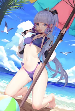 1girl alternate_costume aoi__buzhuen444 ball barefoot beach beach_umbrella beachball bikini bird blue_eyes blue_sky blunt_bangs blunt_tresses breasts bridal_gauntlets cameltoe cropped_jacket day dutch_angle feet floating_hair folding_fan genshin_impact hair_ornament hair_ribbon hand_fan holding holding_fan jacket kamisato_ayaka kneeling legs long_hair medium_breasts mole mole_under_eye nail_polish navel neck_tassel ocean open_clothes open_jacket open_mouth outdoors palm_tree ponytail purple_bikini ribbon sand sky smile solo stomach swimsuit tassel_choker thighs toenail_polish toenails toes tree tress_ribbon umbrella water white_hair white_jacket