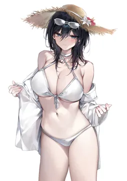 1girl bara__03_bara bare_shoulders bikini black_hair blue_eyes breasts choker cleavage collarbone cowboy_shot criss_cross_halter eyewear_on_head front_tie_bikini_top front_tie_top glasses halterneck hat jacket large_breasts long_hair long_sleeves looking_at_viewer navel off_shoulder open_clothes open_jacket simple_background solo standing stomach straw_hat string_bikini swimsuit thighs wet white_background white_bikini white_choker white_framed_eyewear white_jacket yokoyama_ishimi