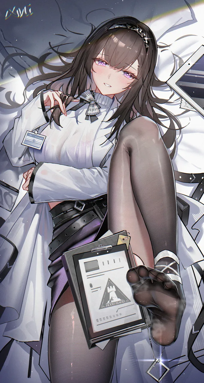 1girl bed black_pantyhose blush bra bra_visible_through_clothes breasts brown_hair clipboard clothes_lift coat convenient_censoring feet film_grain foot_out_of_frame foot_up hair_spread_out hand_up heavy_film_grain large_breasts long_hair looking_at_viewer lying on_back on_bed pantyhose parted_lips pillow purple_bra purple_eyes purple_skirt shirt skirt skirt_lift smile soles solo tablet_pc toes underwear white_coat white_shirt huade_xiami arknights priestess__arknights