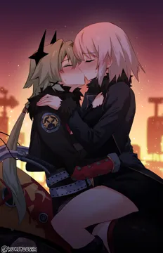 2girls artist_name belt black_boots black_jacket blurry blurry_background blush boots breasts dress fur_trim green_hair hair_ornament hands_on_another_s_hips hands_on_another_s_shoulders horns jacket kiss long_hair low_ponytail medium_breasts motor_vehicle motorcycle multiple_girls on_motorcycle ponytail short_hair sitting sitting_on_lap sitting_on_person straddling sweat thighs white_hair yuri kukiyuusha fate_grand_order fate__series zenless_zone_zero caesar_king__zenless_zone_zero jeanne_d_arc_alter__avenger__fate jeanne_d_arc_alter__fate jeanne_d_arc_alter__ver__shinjuku_1999__fate