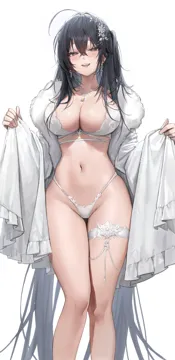 1girl ahoge azur_lane bikini black_hair breasts cleavage diffraction_spikes earrings feet_out_of_frame flower freng fur_collar glint hair_between_eyes hair_flower hair_ornament highleg highleg_bikini jacket jewelry large_breasts long_hair long_sleeves looking_at_viewer navel necklace official_alternate_costume open_clothes open_jacket open_mouth red_eyes simple_background smile solo standing stomach string_bikini swimsuit taihou__azur_lane taihou__temptation_on_the_sea_breeze__azur_lane thigh_gap thigh_strap thighs very_long_hair white_background white_bikini white_jacket
