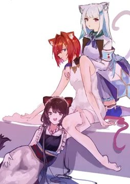 3girls animal_ears bangs barefoot bow brown_eyes brown_hair cat_ears cat_girl cat_tail detached_sleeves dress hair_ornament japanese_clothes kimono long_hair multiple_girls open_mouth purple_eyes red_hair short_hair sitting smile tail thighhighs virtual_youtuber white_dress white_legwear nijisanji ange_katrina__nijisanji lize_helesta__nijisanji inui_toko__nijisanji