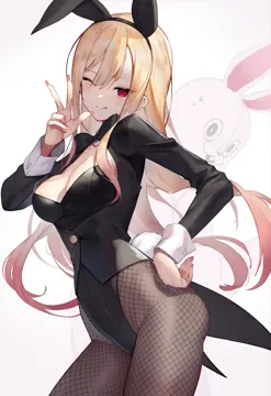 1girl alternate_costume animal_ears barbell_piercing black_bow black_bowtie black_jacket black_leotard black_pantyhose blonde_hair bow bowtie breasts cleavage closed_mouth coat coattails colored_tips contrapposto cowboy_shot ear_piercing earrings fake_animal_ears fake_nails fishnet_pantyhose fishnets floating_hair gradient_hair gyaru hand_on_own_hip hand_up jacket jewelry kitagawa_marin leotard long_hair long_sleeves looking_at_viewer medium_breasts multicolored_hair one_eye_closed pantyhose piercing pink_hair pink_nails playboy_bunny rabbit_ears red_eyes ring scottie__phantom2 solo sono_bisque_doll_wa_koi_wo_suru stuffed_animal stuffed_toy tongue tongue_out very_long_hair