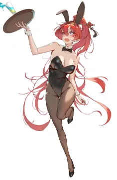 1girl alternate_costume animal_ears bare_shoulders black_bow black_bowtie black_hairband black_leotard black_pantyhose black_shoes bow bowtie breasts collar detached_collar fake_animal_ears hair_between_eyes hair_ornament hair_stick hairband high_heels high_ponytail highleg highleg_leotard holding holding_tray large_breasts leotard long_hair nail_polish open_mouth pantyhose playboy_bunny ponytail purple_eyes rabbit_ears red_hair red_nails shoes simple_background solo strapless strapless_leotard tray very_long_hair white_background white_collar white_wrist_cuffs wrist_cuffs sib__9obsl wuthering_waves yinlin__wuthering_waves