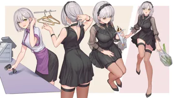 1girl apron ass bag barcode_scanner bare_shoulders black_dress black_necktie black_shoes black_skirt bob_cut border breasts brown_background brown_thighhighs cash_register cashier clothes_hanger collared_shirt detached_collar dress dressing employee_uniform facing_away food food_wrapper grey_hair grocery_bag hair_behind_ear hairband holding holding_bag holding_barcode_scanner holding_food ice_cream ice_cream_cone invisible_chair lace_trimmed_dress lace_trim layered_dress leaning_forward long_sleeves looking_at_viewer looking_to_the_side looking_up multiple_views necktie outside_border parted_lips pink_background plastic_bag puffy_long_sleeves puffy_sleeves purple_apron see_through_clothes shirt shoes shopping_bag short_dress short_hair short_sleeves simple_background sitting skin_tight skirt sleeveless sleeveless_dress smile soft_serve spring_onion store_clerk striped_clothes striped_shirt surprised thighhighs tucking_hair unzipped up_sleeve waist_apron walking white_border wristband yellow_eyes zettai_ryouiki zipper zipper_dress xzu