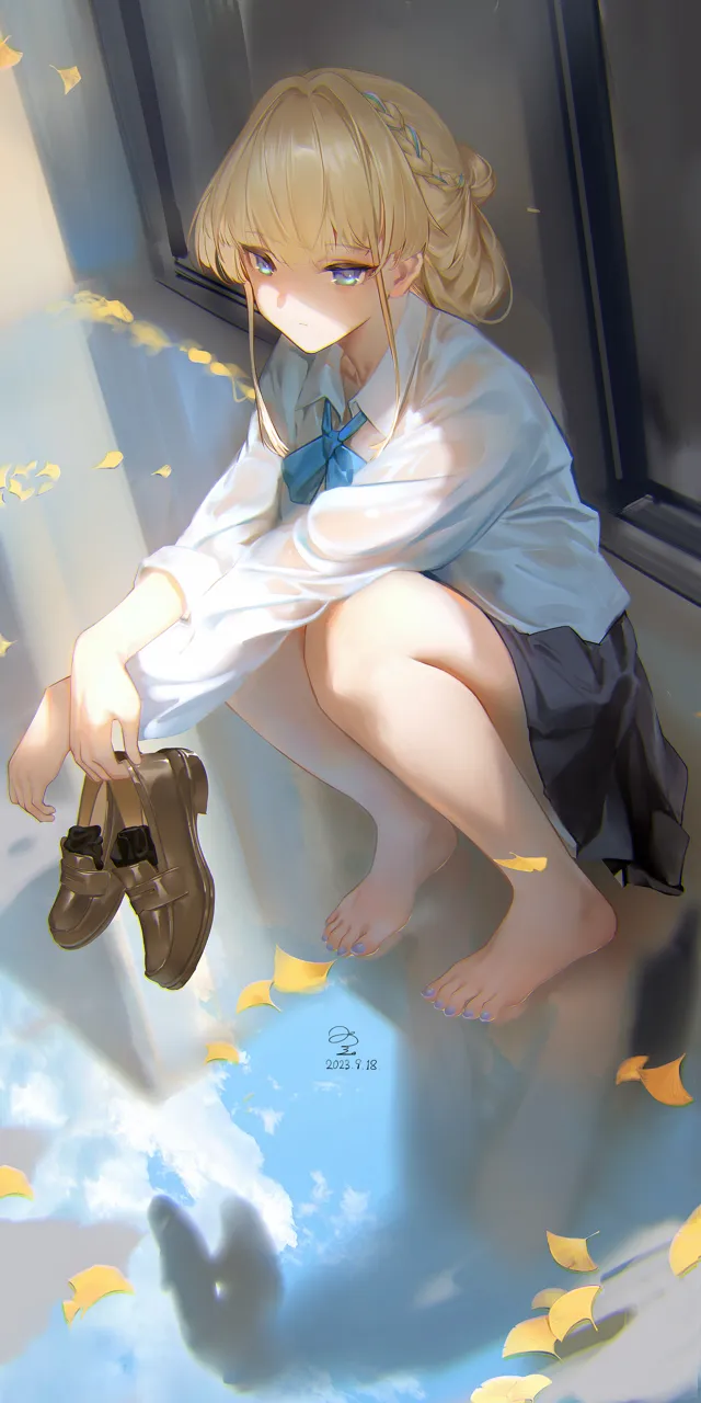 1girl barefoot black_skirt blonde_hair blue_bow blue_bowtie blue_eyes blue_nails bow bowtie braid dated feet full_body ginkgo_leaf hair_intakes holding holding_shoes holding_unworn_clothes leaf loafers nail_polish reflective_floor shirt shoes signature skirt solo squatting toenail_polish toenails toes unworn_shoes white_shirt ribao blue_archive toki__blue_archive