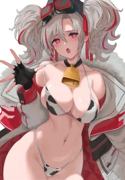 _o 1girl animal_print azur_lane bell bikini bikini_under_clothes black_gloves breasts cleavage cow_print cow_print_bikini cowbell cowboy_shot ev__dai00888 fingerless_gloves gloves goggles goggles_on_head grey_hair grey_jacket hair_between_eyes hair_ribbon jacket large_breasts leaning_to_the_side looking_at_viewer multicolored_hair navel neck_bell off_shoulder open_clothes open_jacket open_mouth print_bikini prinz_adalbert__azur_lane red_eyes red_hair red_ribbon ribbon simple_background solo standing string_bikini swimsuit twintails two_tone_hair white_background