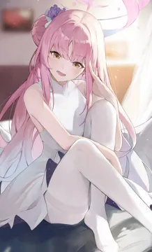 1girl angel_wings dress flower hair_bun hair_flower hair_ornament halo indoors long_hair looking_at_viewer open_mouth pantyhose pink_hair pink_halo purple_flower single_side_bun sitting sleeveless sleeveless_dress smile solo white_dress white_pantyhose white_wings wings yellow_eyes jiang_zhuti_jiojio blue_archive mika__blue_archive