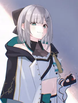 1girl anger_vein asymmetrical_bangs bare_shoulders black_gloves blurry bow clenched_hand closed_mouth crop_top depth_of_field gloves green_eyes grey_hair hair_bow hair_ornament hairclip looking_at_viewer medium_hair midriff motion_lines partially_fingerless_gloves shirt sidelocks solo upper_body virtual_youtuber zakki3939 lupinus_virtual_games vspo kaga_sumire kaga_sumire__5th_costume