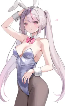 1girl animal_ear_hairband animal_ears arm_up bare_arms bare_shoulders bow bowtie breasts cleavage closed_mouth cowboy_shot detached_collar fake_animal_ears grey_hair grey_pantyhose hair_between_eyes hairband hand_on_own_head hand_on_own_stomach heart leotard long_hair looking_at_viewer medium_breasts multicolored_hair pantyhose pink_bow pink_bowtie pink_eyes pink_hair playboy_bunny purple_leotard rabbit_ear_hairband rabbit_ears simple_background single_hair_streak smile solo strapless strapless_leotard streaked_hair thick_eyebrows twintails two_tone_background very_long_hair virtual_youtuber white_background white_hairband white_wrist_cuffs wrist_cuffs nakony cattleya_regina_games vspo tosaki_mimi__vspo