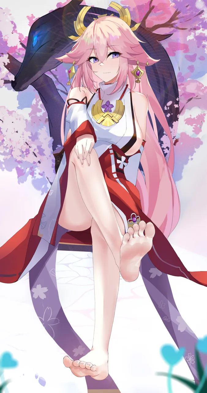 1girl animal_ears bare_shoulders barefoot blush breasts detached_sleeves feet foot_focus foreshortening fox_ears hair_ornament japanese_clothes jewelry large_breasts legs long_hair looking_at_viewer necklace pendant pink_hair purple_eyes red_skirt shirt sidelocks skirt sleeveless sleeveless_shirt smile soles solo toenails toes very_long_hair wide_sleeves musicatopos genshin_impact yae_miko__genshin_impact