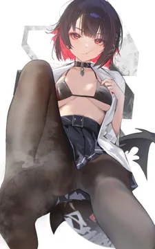 1girl black_bra black_choker black_hair black_pantyhose black_skirt bra choker closed_mouth colored_inner_hair drive_shot ellen_joe feet fingernails fins fish_tail hair_between_eyes light_blush looking_ahead mole mole_under_eye multicolored_hair nail_polish no_shoes open_clothes pantyhose red_eyes red_hair red_nails shark_tail shirt sidelocks simple_background sitting skirt smell soles solo spread_legs tail toes two_tone_hair underwear white_background white_shirt zenless_zone_zero