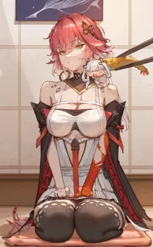1girl ahoge bare_shoulders black_collar black_sleeves black_thighhighs body_markings braid breasts chopsticks cleavage closed_mouth collar colored_extremities detached_sleeves dress feather_hair food hair_extensions hair_intakes hair_ornament holding holding_chopsticks holding_with_chopsticks indoors large_breasts long_hair looking_at_viewer multicolored_hair orange_eyes pink_hair pov pov_hands red_hands ring_hair_extensions seiza shrimp shrimp_tempura sitting solo tempura thigh_strap thighhighs twin_braids two_tone_hair very_long_hair white_dress white_hair sib__9obsl wuthering_waves changli__wuthering_waves jinhsi__wuthering_waves