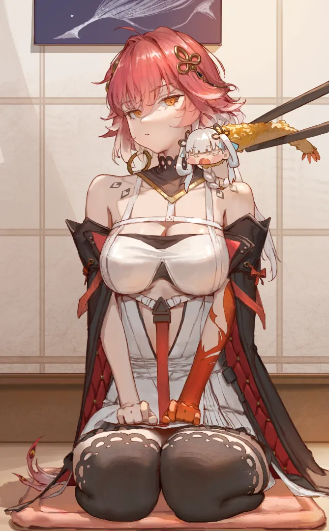 1girl ahoge bare_shoulders black_collar black_sleeves black_thighhighs body_markings braid breasts chopsticks cleavage closed_mouth collar colored_extremities detached_sleeves dress feather_hair food hair_extensions hair_intakes hair_ornament holding holding_chopsticks holding_with_chopsticks indoors large_breasts long_hair looking_at_viewer multicolored_hair orange_eyes pink_hair pov pov_hands red_hands ring_hair_extensions seiza shrimp shrimp_tempura sitting solo tempura thigh_strap thighhighs twin_braids two_tone_hair very_long_hair white_dress white_hair sib__9obsl wuthering_waves changli__wuthering_waves jinhsi__wuthering_waves