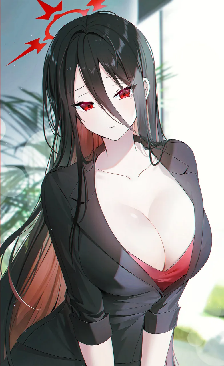 1girl alternate_costume black_hair black_suit blue_archive blurry breasts cleavage colored_inner_hair depth_of_field formal_clothes hair_between_eyes halo hasumi__blue_archive large_breasts long_bangs long_hair looking_at_viewer mole mole_under_eye multicolored_hair partially_unzipped red_eyes red_hair red_halo seno__senohime sidelocks solo suit upper_body