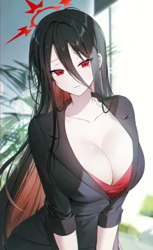 1girl alternate_costume black_hair black_suit blue_archive blurry breasts cleavage colored_inner_hair depth_of_field formal_clothes hair_between_eyes halo hasumi__blue_archive large_breasts long_bangs long_hair looking_at_viewer mole mole_under_eye multicolored_hair partially_unzipped red_eyes red_hair red_halo seno__senohime sidelocks solo suit upper_body