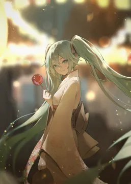 1girl aqua_eyes aqua_hair blurry blurry_background food holding holding_food japanese_clothes kimono long_hair long_sleeves looking_at_viewer obi sash smile solo twintails vocaloid white_kimono wide_sleeves jiang_zhuti_jiojio hatsune_miku