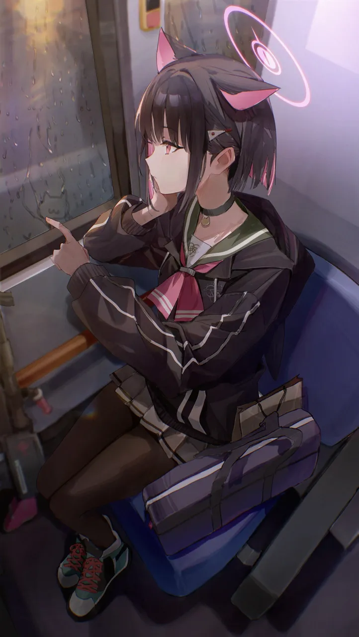 1girl animal_ears black_choker black_hair black_jacket black_pantyhose blue_bag bus_interior cat_ears cat_girl choker colored_inner_animal_ears colored_inner_hair cross_laced_footwear expressionless extra_ears foreshortening full_body glass_writing green_sailor_collar halo hood hood_down hooded_jacket indoors jacket long_sleeves looking_at_viewer looking_outside multicolored_hair neckerchief pantyhose pink_eyes pink_hair pink_halo pink_neckerchief pleated_skirt profile puffy_long_sleeves puffy_sleeves rain sailor_collar sitting skirt solo two_tone_hair white_skirt flatshi blue_archive kazusa__blue_archive