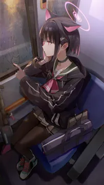 1girl animal_ears black_choker black_hair black_jacket black_pantyhose blue_bag bus_interior cat_ears cat_girl choker colored_inner_animal_ears colored_inner_hair cross_laced_footwear expressionless extra_ears foreshortening full_body glass_writing green_sailor_collar halo hood hood_down hooded_jacket indoors jacket long_sleeves looking_at_viewer looking_outside multicolored_hair neckerchief pantyhose pink_eyes pink_hair pink_halo pink_neckerchief pleated_skirt profile puffy_long_sleeves puffy_sleeves rain sailor_collar sitting skirt solo two_tone_hair white_skirt flatshi blue_archive kazusa__blue_archive