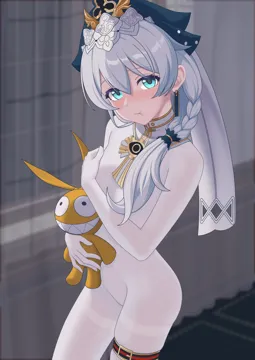 1girl blue_eyes blush bodystocking breasts covering_breasts covering_privates doll earrings green_hat hat holding holding_doll indoors jewelry long_hair pout small_breasts solo thigh_strap white_hair sasaki3rd honkai__series honkai_impact_3rd homu__honkai_impact theresa_apocalypse theresa_apocalypse__astralop