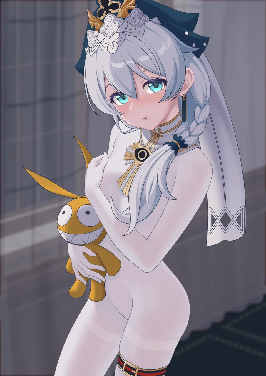 1girl blue_eyes blush bodystocking breasts covering_breasts covering_privates doll earrings green_hat hat holding holding_doll indoors jewelry long_hair pout small_breasts solo thigh_strap white_hair sasaki3rd honkai__series honkai_impact_3rd homu__honkai_impact theresa_apocalypse theresa_apocalypse__astralop
