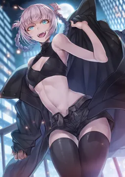 1girl black_cloak black_shorts black_tank_top black_thighhighs blue_eyes breasts building cleavage_cutout cloak clothing_cutout crop_top fang from_below hagure_keg hair_rings long_sleeves midriff moon nanakusa_nazuna__yofukashi_no_uta navel night night_sky open_fly pink_hair short_shorts shorts sky sleeveless sleeveless_turtleneck sleeves_past_wrists small_breasts solo stomach tank_top thighhighs thighs turtleneck vampire yofukashi_no_uta