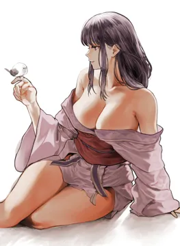 1girl bare_shoulders bird bird_on_hand breasts chroong cleavage genshin_impact japanese_clothes kimono large_breasts long_hair long_sleeves obi off_shoulder profile purple_eyes purple_hair purple_kimono raiden_shogun sash sidelocks simple_background sitting solo white_background wide_sleeves