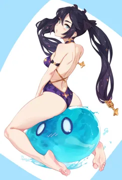 1girl bare_legs barefoot black_hair blue_eyes blush earrings feet feguimel genshin_impact hair_between_eyes jewelry legs long_hair looking_at_viewer mona__genshin_impact sitting slime__genshin_impact soles solo toes twintails