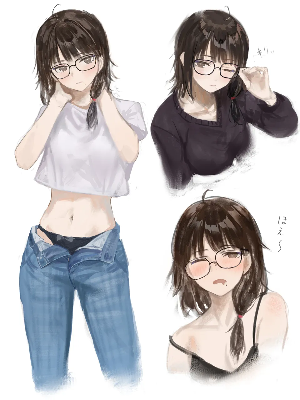 1girl black_framed_eyewear black_hair black_panties blush brown_eyes cropped_legs cropped_torso glasses long_hair midriff mole mole_under_mouth multiple_views navel one_eye_closed open_fly panties shirt sleepy strap_slip sweater underwear white_background white_shirt hidulume