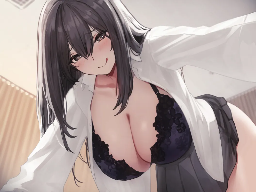1girl all_fours bent_over black_bra black_skirt blush bra breasts brown_eyes brown_hair cleavage collarbone collared_shirt dress_shirt girl_on_top hayabusa__vert_320 large_breasts licking_lips long_hair long_sleeves looking_at_viewer mole mole_on_breast open_clothes open_shirt perspective shirt skirt smile solo tongue tongue_out underwear white_shirt
