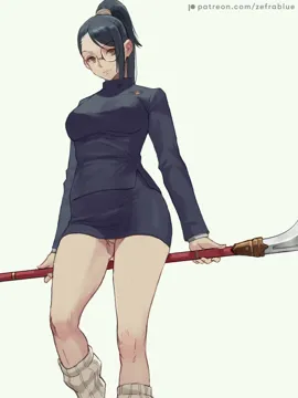 1girl artist_name asymmetrical_bangs black_hair breasts brown_eyes glasses high_ponytail holding holding_weapon jujutsu_kaisen jujutsu_tech_uniform large_breasts long_hair looking_at_viewer panties pantyshot patreon_logo patreon_username pencil_skirt ponytail simple_background skirt solo standing thighs underwear upskirt weapon web_address white_panties zefrableu zen_in_maki