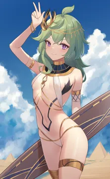 1girl ahoge airool alternate_costume arm_up armlet bangle bare_shoulders bikini bracelet breasts closed_mouth cloud collar collei__genshin_impact covered_nipples cowboy_shot day genshin_impact gold_trim green_hair hair_ornament highleg highleg_bikini jewelry long_hair looking_at_viewer multi_strapped_bikini navel outdoors purple_eyes pyramid__structure sky sling_bikini_top small_breasts smile solo stomach string_bikini surfboard swimsuit thighlet thighs white_bikini