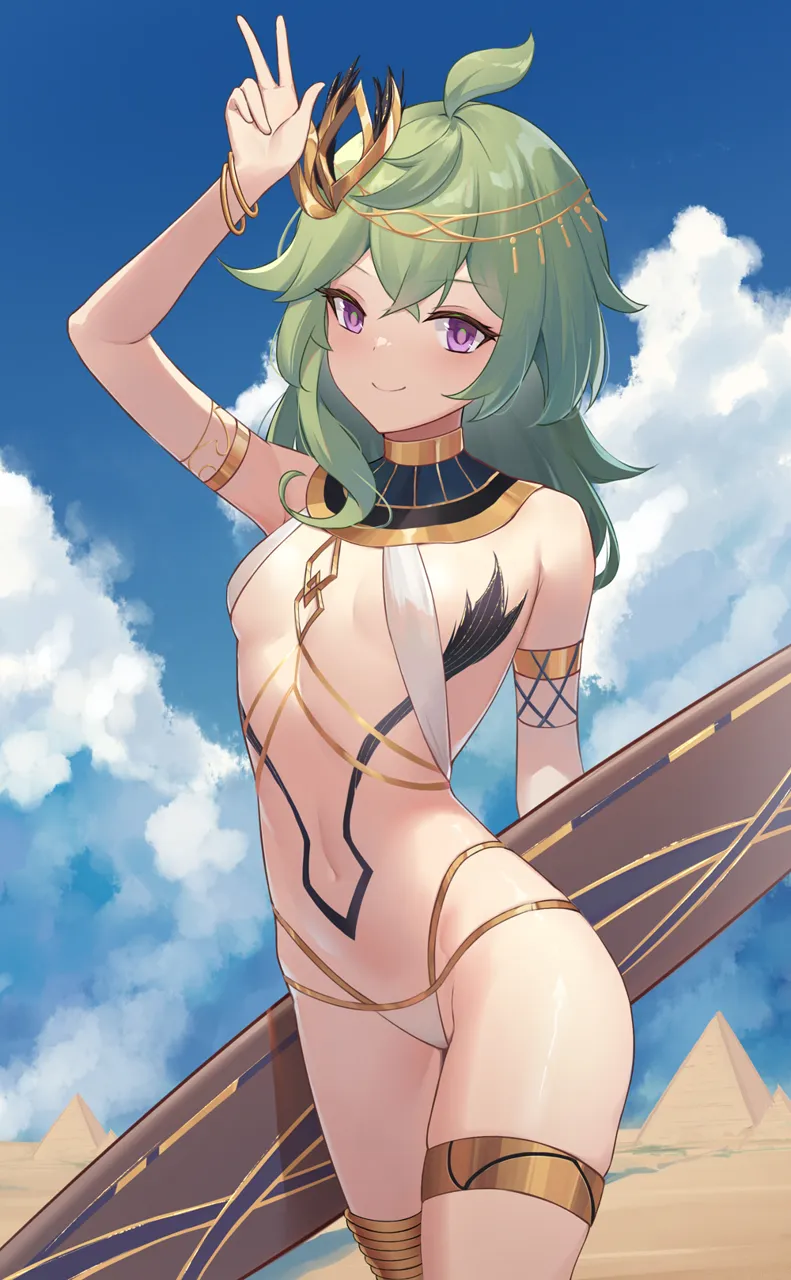 1girl ahoge airool alternate_costume arm_up armlet bangle bare_shoulders bikini bracelet breasts closed_mouth cloud collar collei__genshin_impact covered_nipples cowboy_shot day genshin_impact gold_trim green_hair hair_ornament highleg highleg_bikini jewelry long_hair looking_at_viewer multi_strapped_bikini navel outdoors purple_eyes pyramid__structure sky sling_bikini_top small_breasts smile solo stomach string_bikini surfboard swimsuit thighlet thighs white_bikini