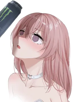 1girl astolfo_monster_cosplay__meme blush choker collarbone feint721 heart heart_choker inui_sajuna long_hair looking_up meme monster_energy parted_lips phallic_symbol pink_hair shadow simple_background solo sono_bisque_doll_wa_koi_wo_suru white_background