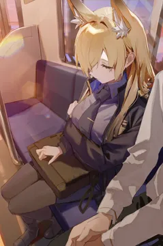 1boy 1girl animal_ear_fluff animal_ears black_footwear black_jacket black_necktie black_pantyhose blonde_hair blue_shirt boots breasts closed_eyes closed_mouth collared_shirt dog_ears dog_girl jacket large_breasts long_hair long_sleeves necktie pantyhose shirt sitting sleeping train_interior flatshi blue_archive kanna__blue_archive